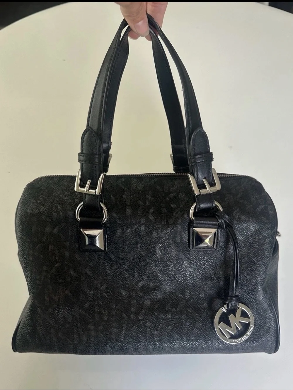 Michael Kors Black MK Logo Dome Satchel with Silver Hardware Grayson